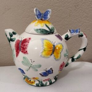 Vintage Ceramic Teapot with Butterfly Art